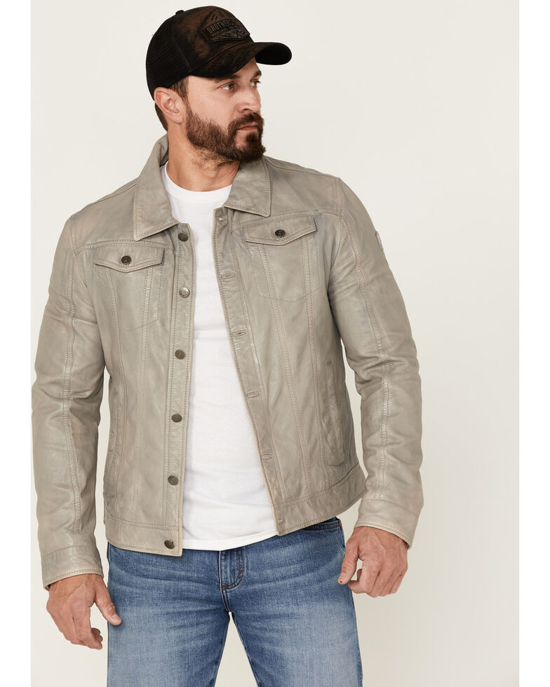 Mauritius Leather Men's Goeff Stone Distressed Leather Zip-Front Trucker Jacket , Grey, hi-res