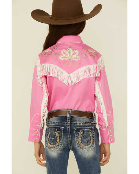 Image #4 - Rockmount Ranchwear Girls' Embroidered Vintage Fringe Long Sleeve Pearl Snap Western Shirt, Pink, hi-res