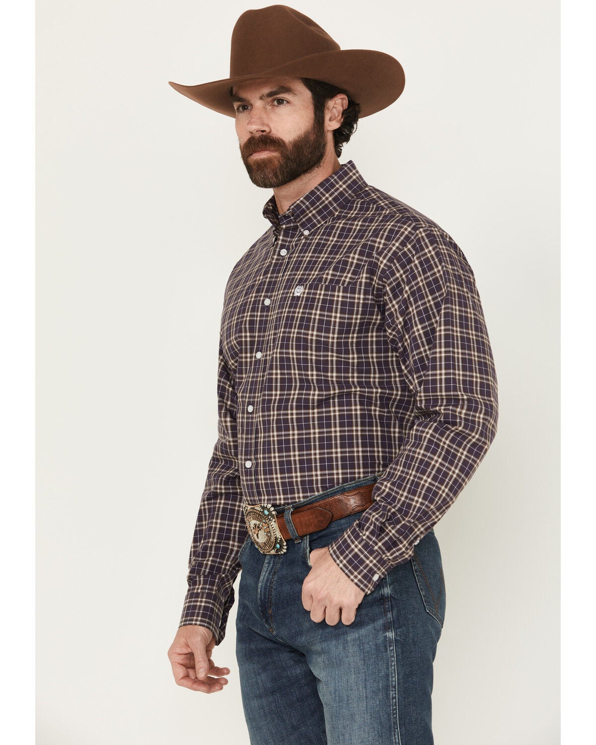 Image #3 - Cinch Men's Plaid Print Long Sleeve Button-Down Western Shirt, Purple, hi-res