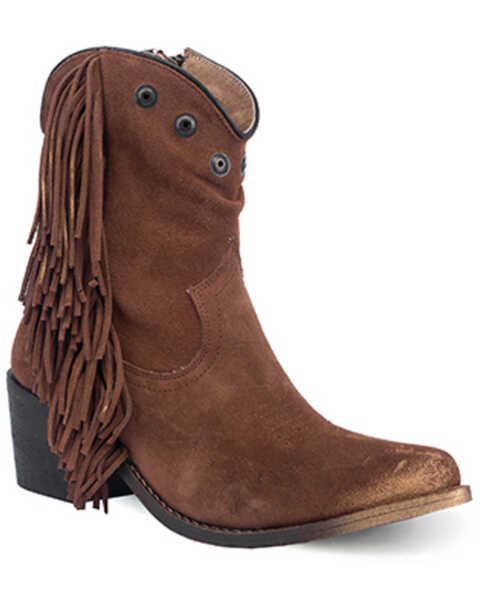 Circle G Women's Studded Suede Fringe Ankle Boots - Round Toe , Brown, hi-res