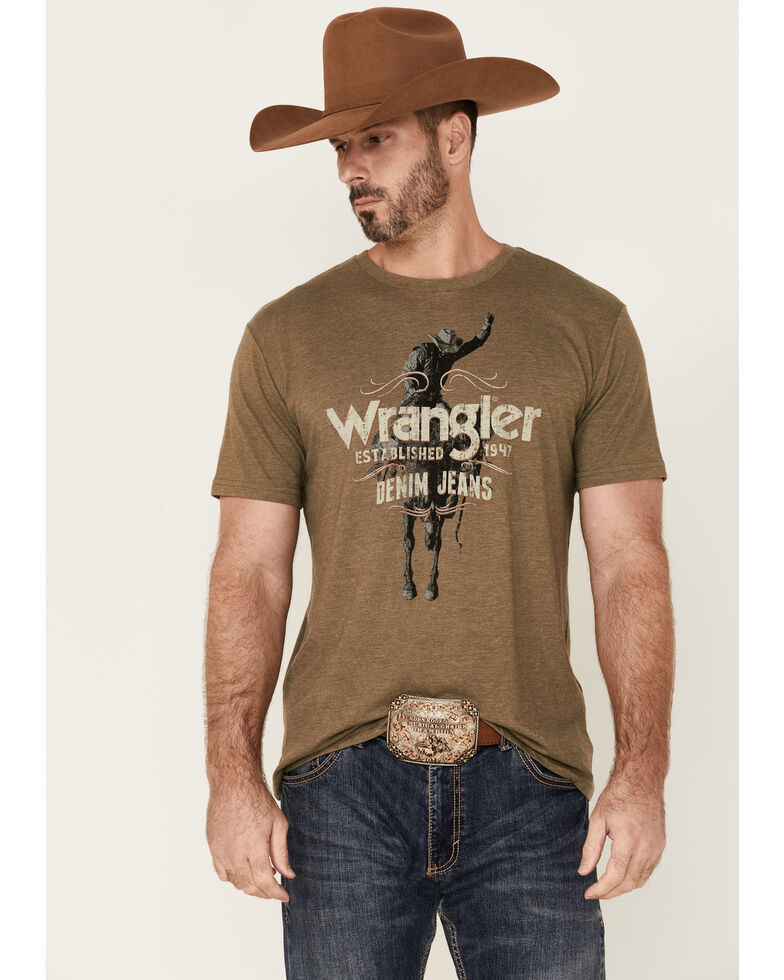 Wrangler Men's Heather Olive Denim Rider Graphic Short Sleeve T-Shirt , Olive, hi-res