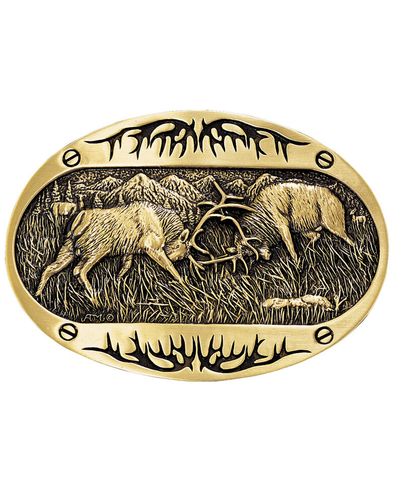 Montana Silversmiths Fighting Elk Brass Heritage Attitude Belt Buckle, Gold, hi-res