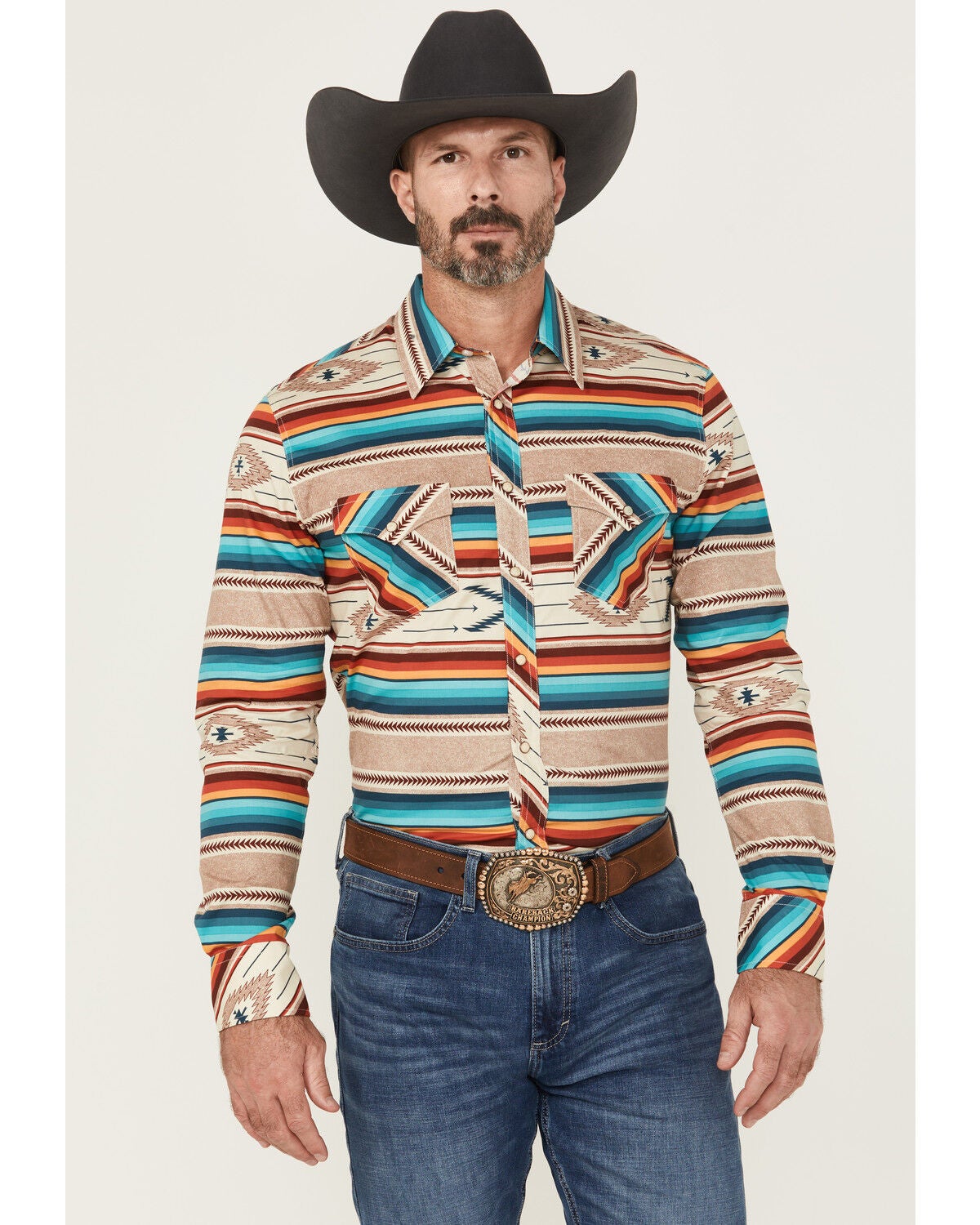 Rock & Roll Denim Men's Southwestern Print Long Sleeve Snap Western Stretch Shirt, Multi, hi-res