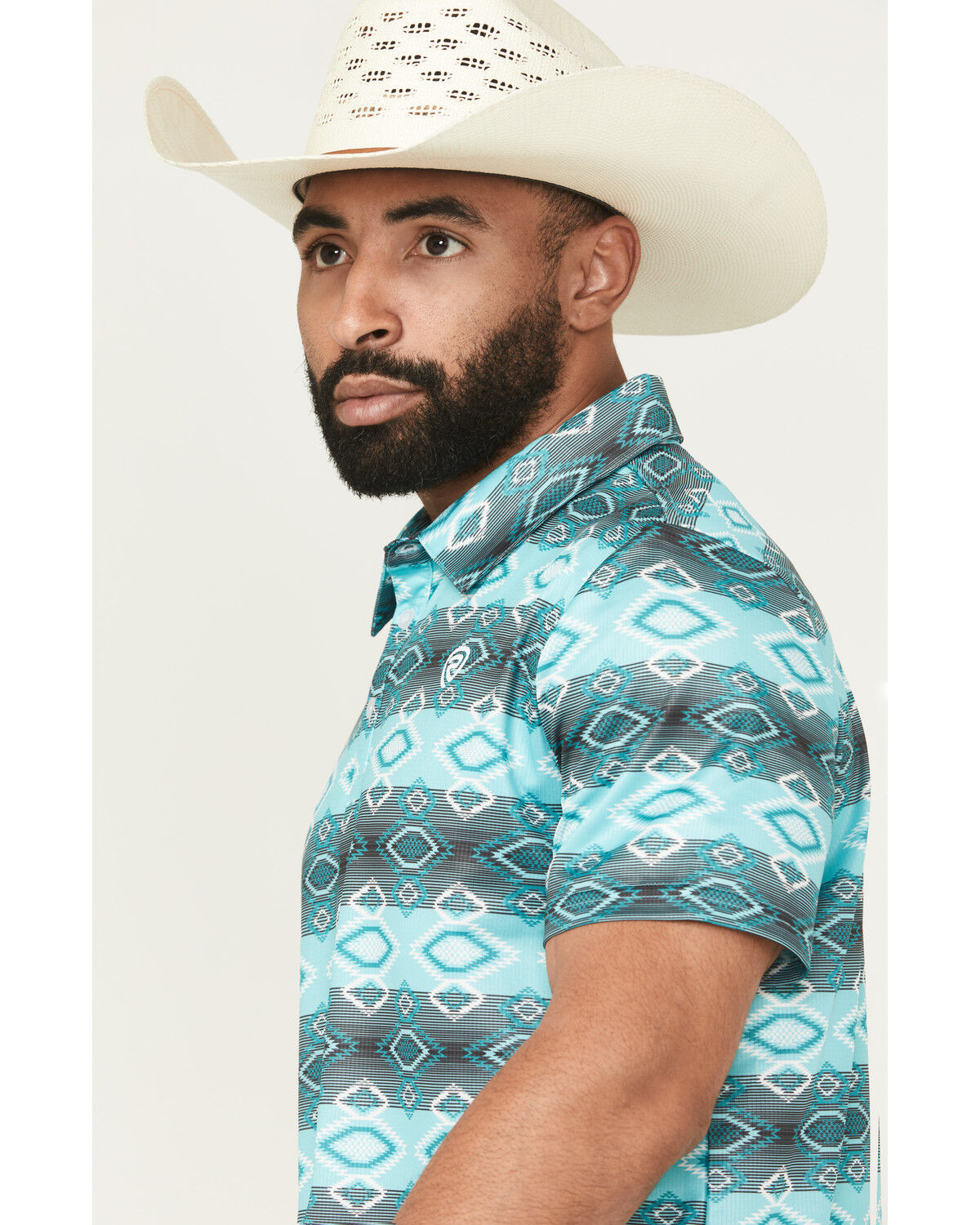Image #2 - Rock & Roll Denim Men's Southwestern Print Short Sleeve Button-Down Stretch Polo Shirt, Turquoise, hi-res