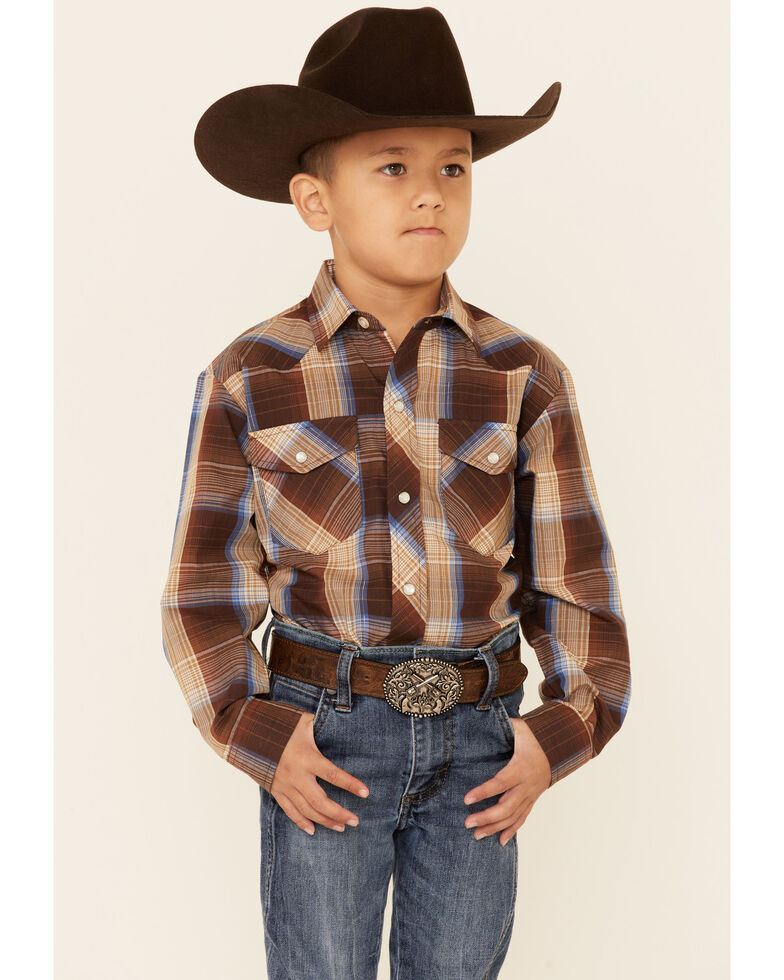 Roper Boys' Brown Plaid Lurex Long Sleeve Snap Western Shirt , Brown, hi-res