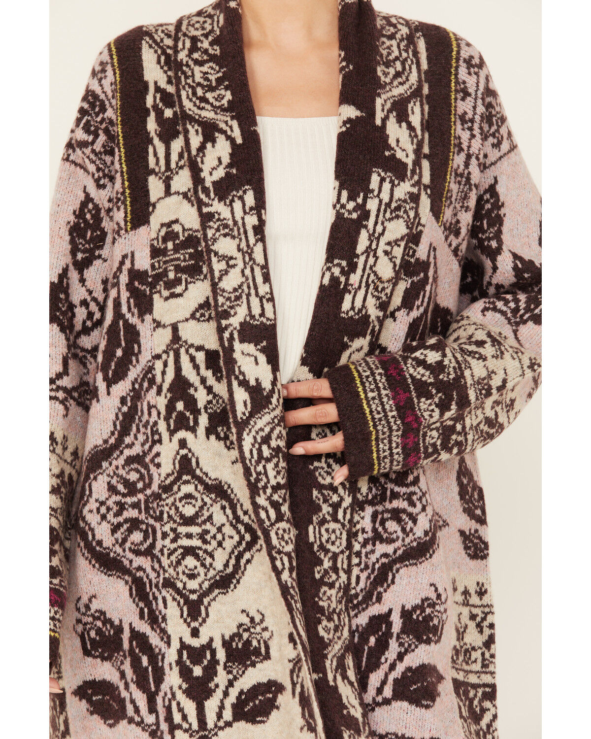 Image #3 - Room 34 Women's Floral Print Jacquard Cardigan, Pink, hi-res