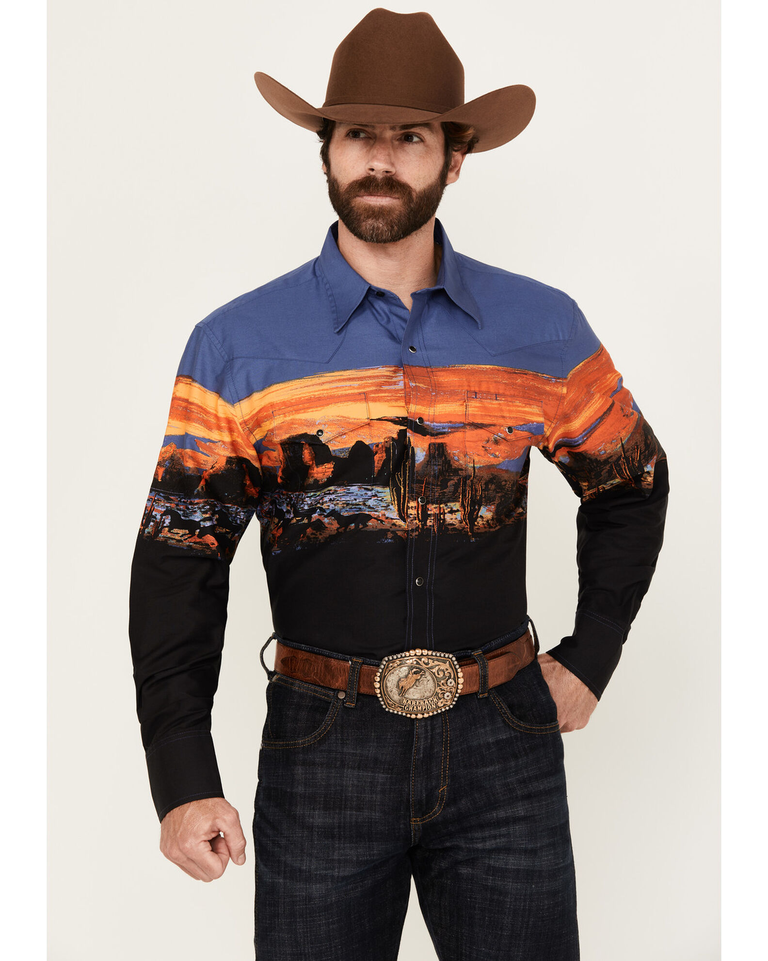 Product Name: Wrangler Men's Checotah Border Print Long Sleeve Snap Western  Shirt