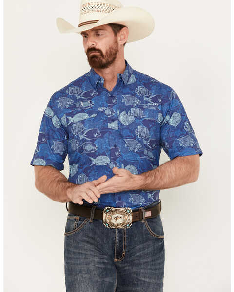Image #1 - Ariat Men's VentTEK Outbound Fish Print Short Sleeve Button-Down Shirt - Big, Blue, hi-res