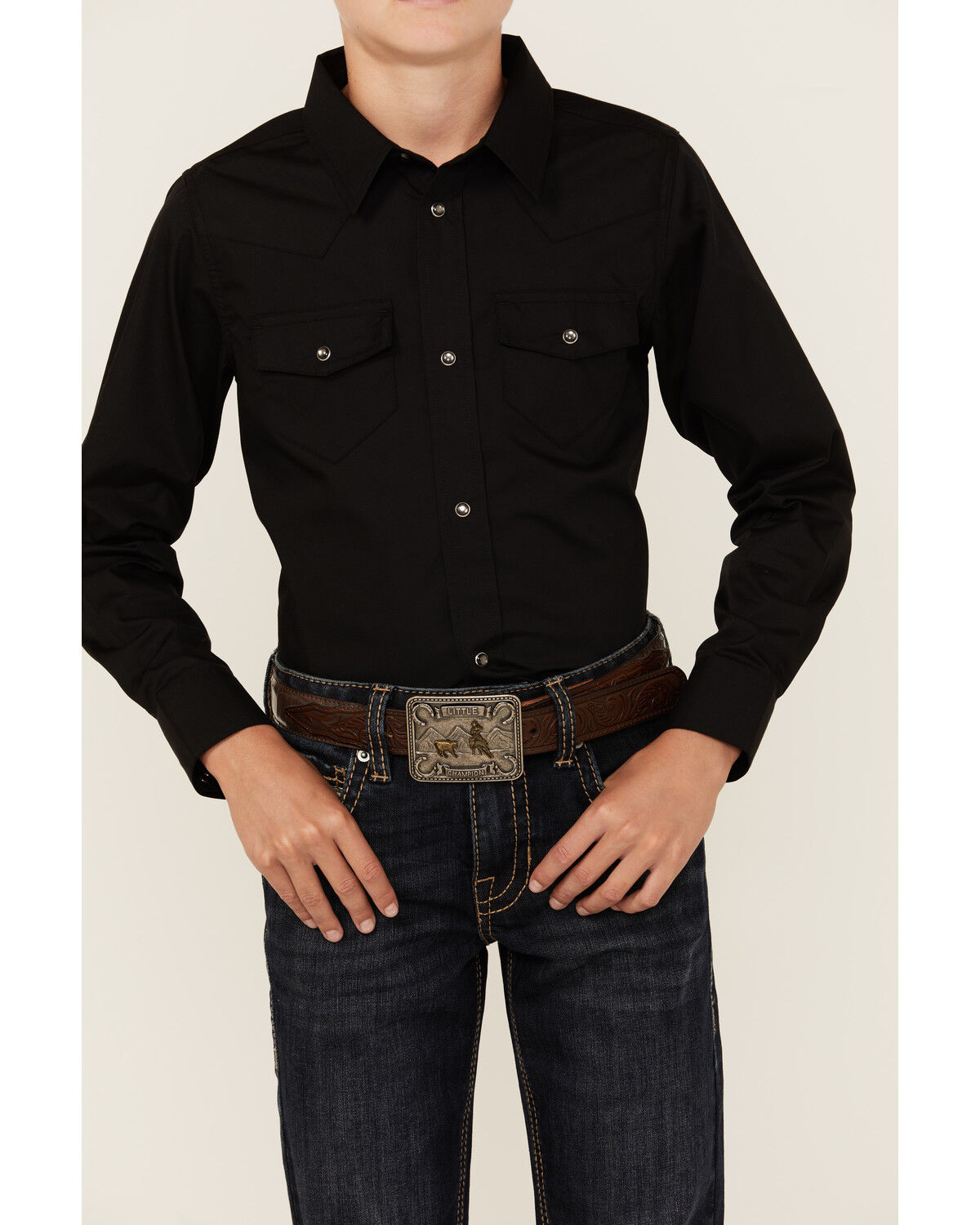 Image #3 - Gibson Trading Co Boys' Solid Long Sleeve Pearl Snap Western Shirt, Black, hi-res