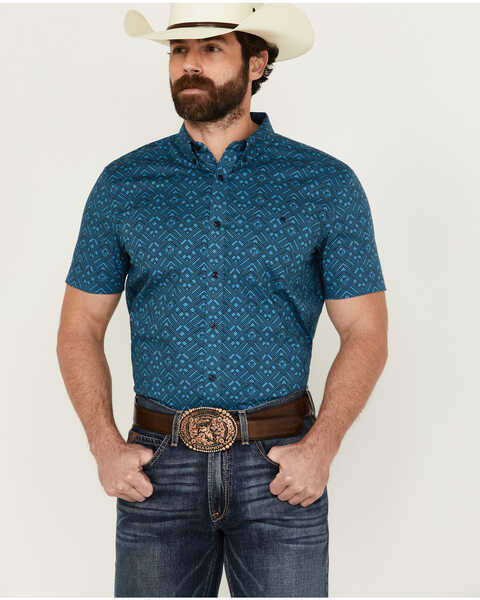 RANK 45® Men's Interlock Plains Abstract Geo Print Short Sleeve Button-Down Stretch Western Shirt , Medium Blue, hi-res