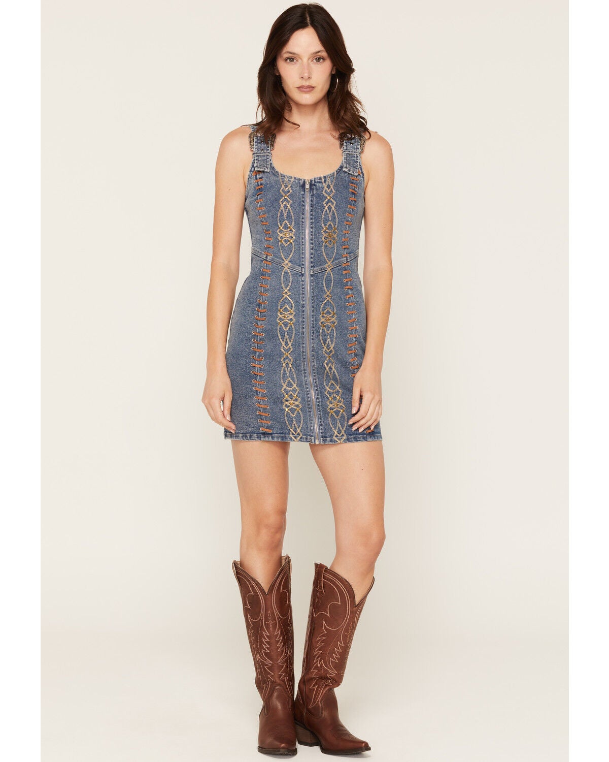 Image #1 - Blue B Women's Medium Wash Embroidered Denim Mini Dress, Medium Wash, hi-res