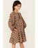 Hayden Girls' Gingham Plaid Print Long Puff Sleeve Dress , Brown, hi-res