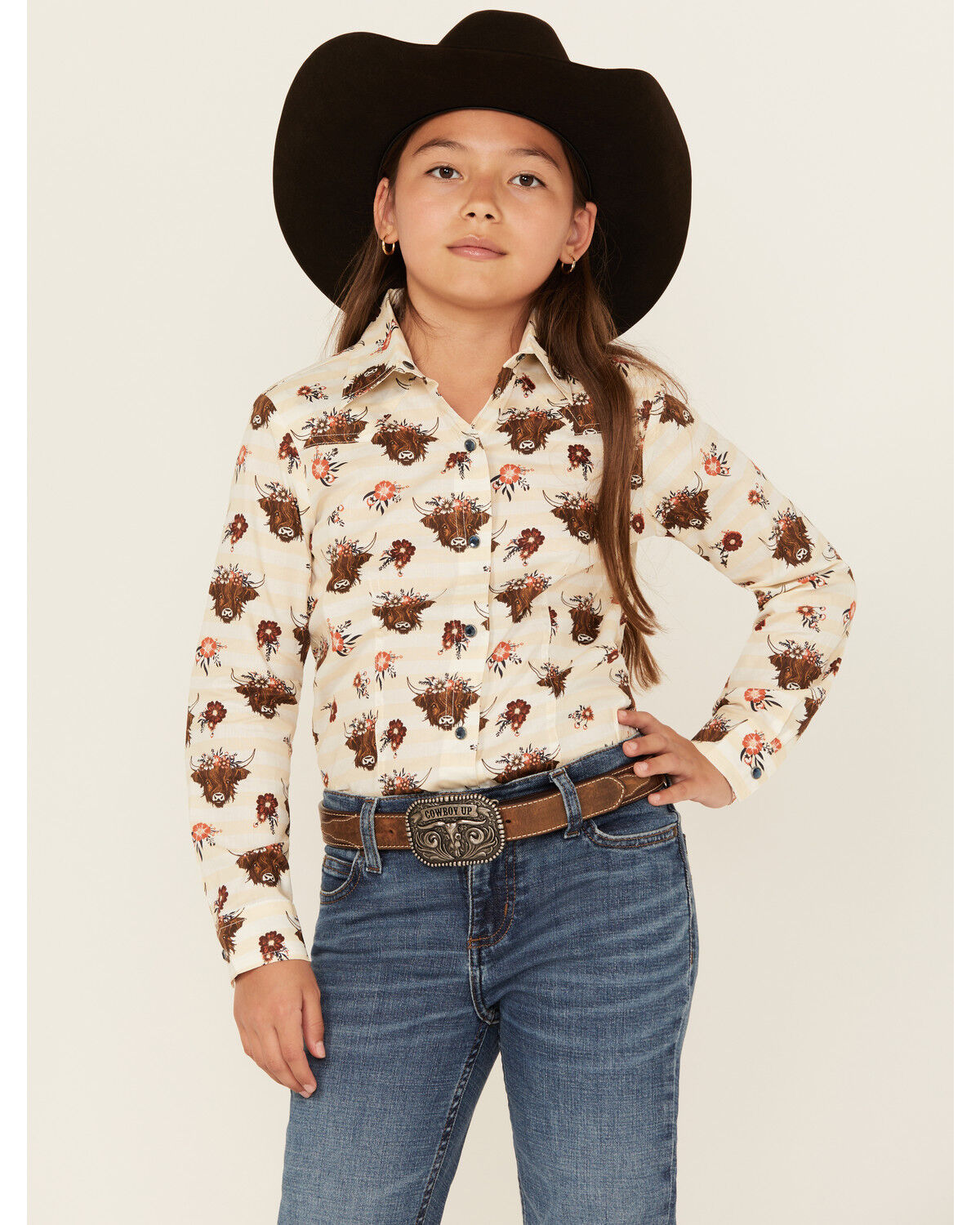 Image #1 - Cruel Girl Girls' Printed Long Sleeve Rhinestone Snap Western Shirt, Cream, hi-res