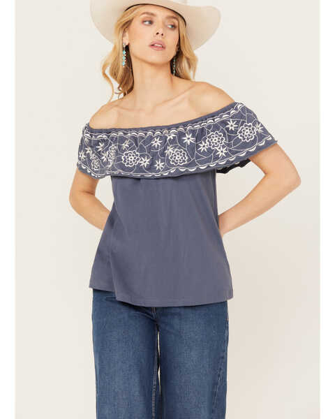 Image #2 - Panhandle Women's Off The Shoulder Floral Embroidered Top, Navy, hi-res