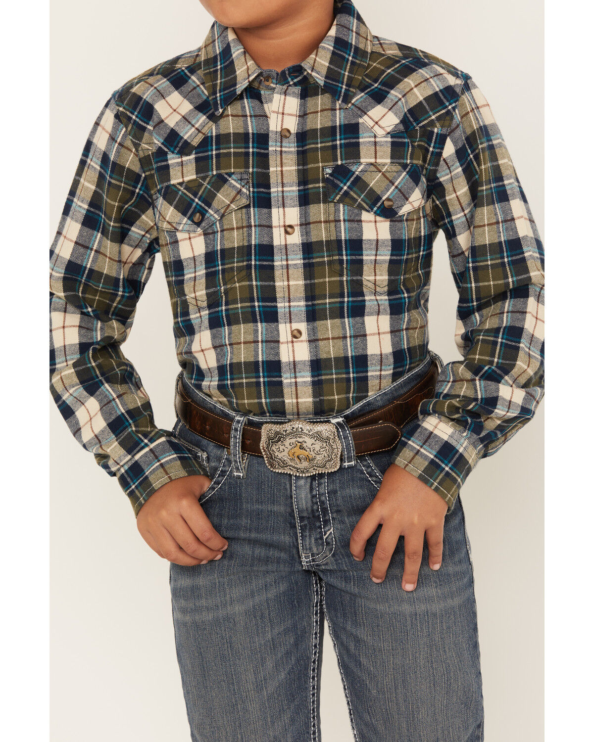 Image #3 - Cody James Boys' Plaid Print Long Sleeve Snap Western Flannel Shirt, Tan, hi-res