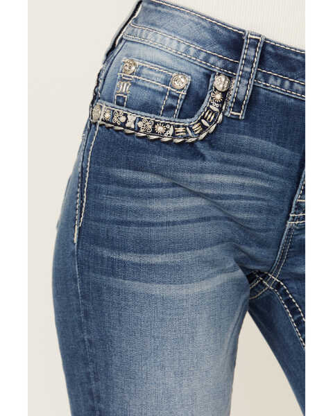 Image #4 - Miss Me Women's Medium Wash Mid Rise Border Flap Bootcut Stretch Denim Jeans , Medium Wash, hi-res