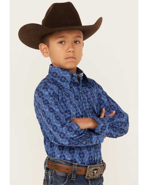 Image #2 - Cowboy Hardware Boys' Tonal Southwestern Print Long Sleeve Pearl Snap Western Shirt, Blue, hi-res
