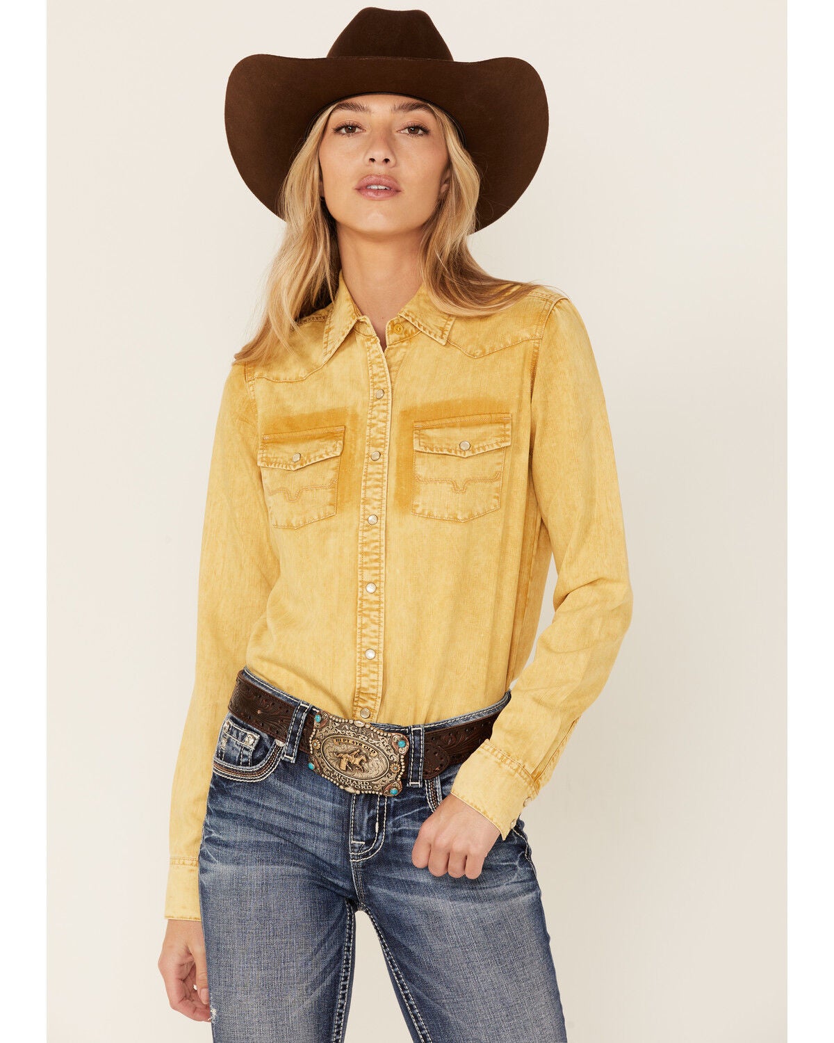 Kimes Ranch Women's Kaycee Denim Long Sleeve Pearl Snap Western Core Shirt, Camel, hi-res