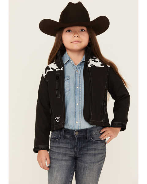 Cowgirl Hardware Girls' Cow Print Yoke Poly Shell Jacket , Black, hi-res