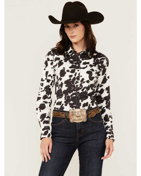 Image #1 - Ariat Women's Cow Print Wrinkle Resist Team Kirby Long Sleeve Button-Down Stretch Western Shirt , Cream, hi-res