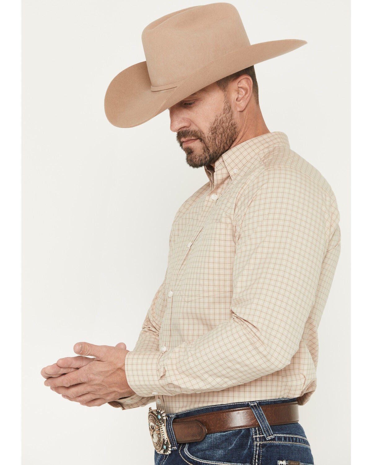 Image #2 - Ariat Men's Pro Series Walt Plaid Print Fitted Long Sleeve Button-Down Western Shirt, Beige, hi-res