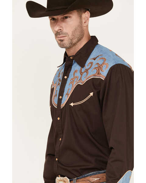 Image #2 - Scully Men's Two Tone Long Sleeve Pearl Snap Western Shirt, Brown, hi-res