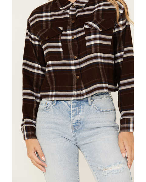 Image #3 - Cleo + Wolf Women's Cropped Plaid Print Flannel Shirt , Chocolate, hi-res