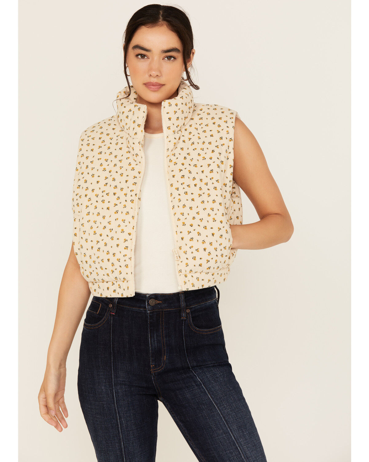 Image #1 - 26 International Women's Floral Print Puffer Vest, Cream, hi-res