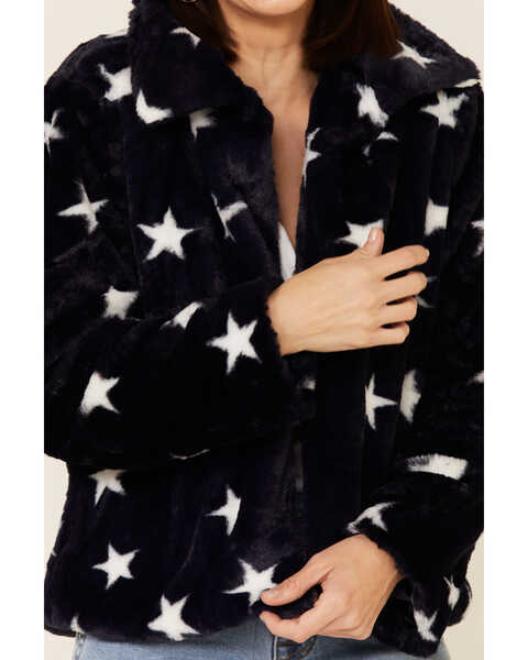 Image #4 - Hem & Thread Women's Navy Star Print Faux Fur Jacket , Navy, hi-res