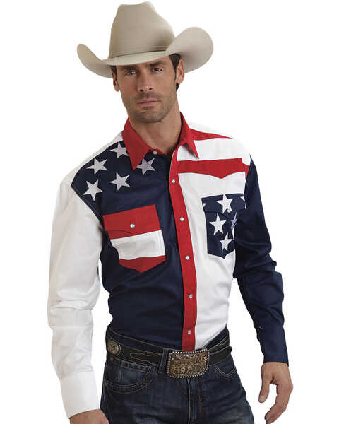 Roper Men's Americana Collection Stars and Stripes Print Long Sleeve Pearl Snap Western Shirt, Patriotic, hi-res