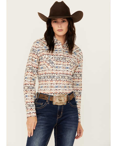 Image #1 - Panhandle Women's Southwestern Print Long Sleeve Snap Western Shirt , Natural, hi-res