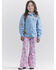 Image #1 - Wrangler® X Barbie™ Girls' Mid Rise Printed Stretch Trumpet Flare Jeans , Pink, hi-res