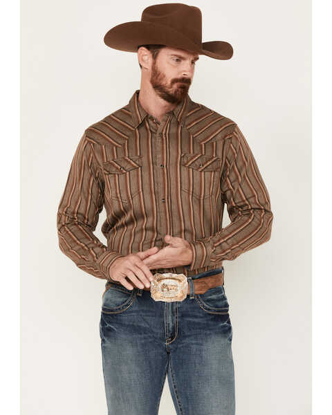 Image #2 - Cody James Men's Railway Striped Long Sleeve Snap Western Shirt, Brown, hi-res