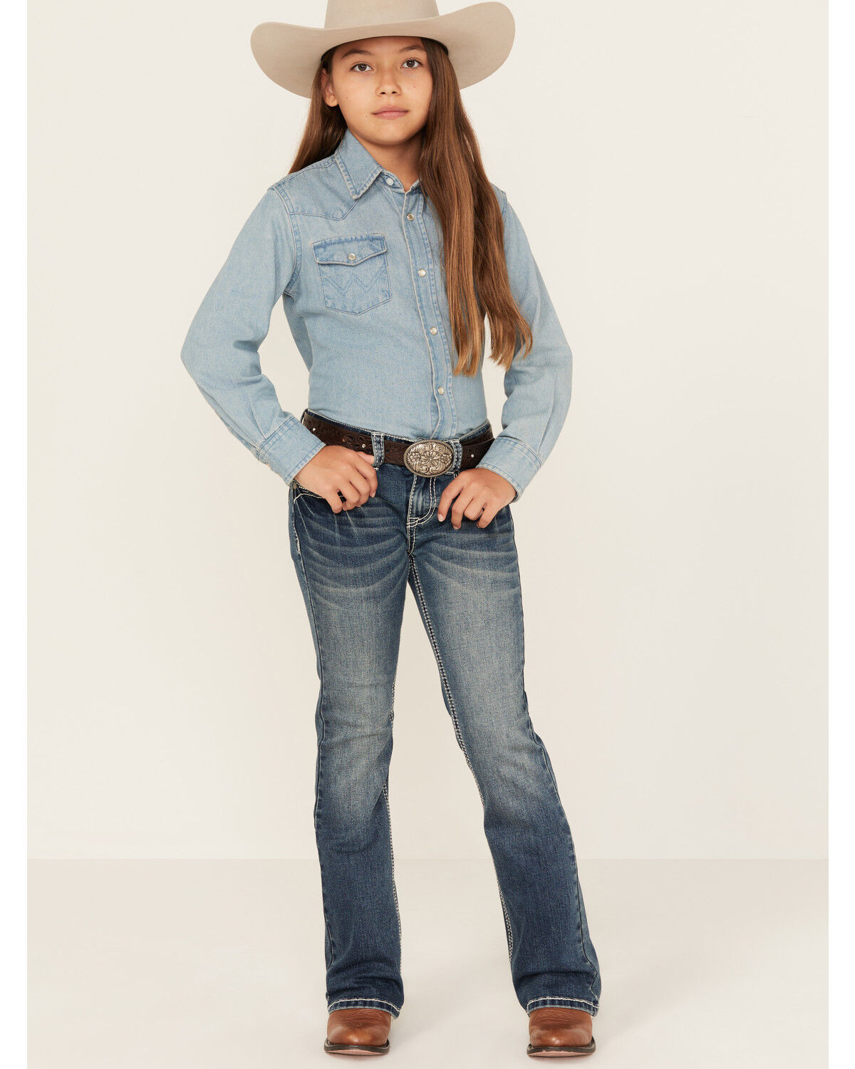 Image #3 - Shyanne Girls' Arrowhead Dark Wash Dreamcatcher Pocket Bootcut Stretch Denim Jeans, Dark Wash, hi-res