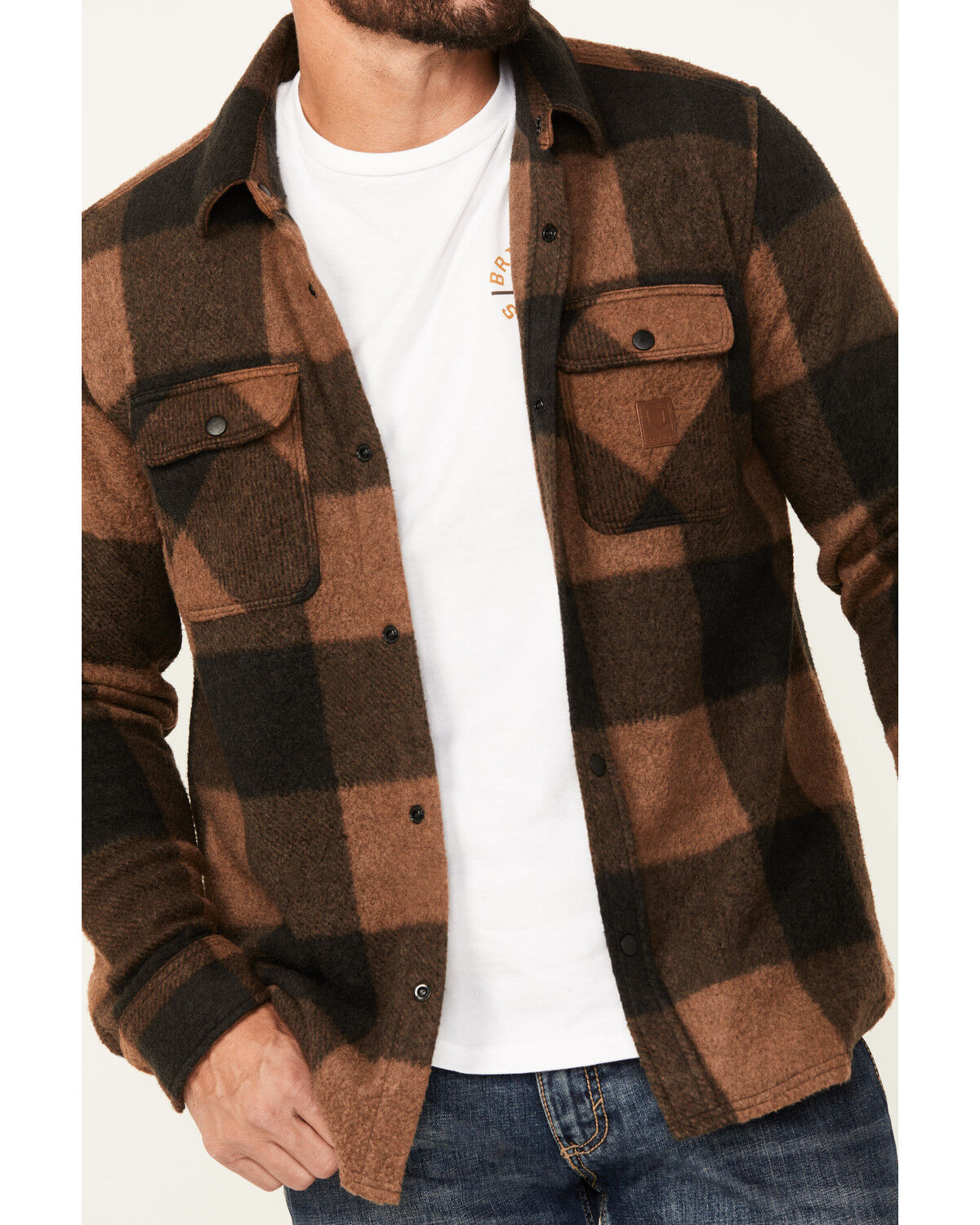Image #3 - Brixton Men's Bowery Arctic Plaid Print Long Sleeve Snap Stretch Flannel Shirt, Brown, hi-res