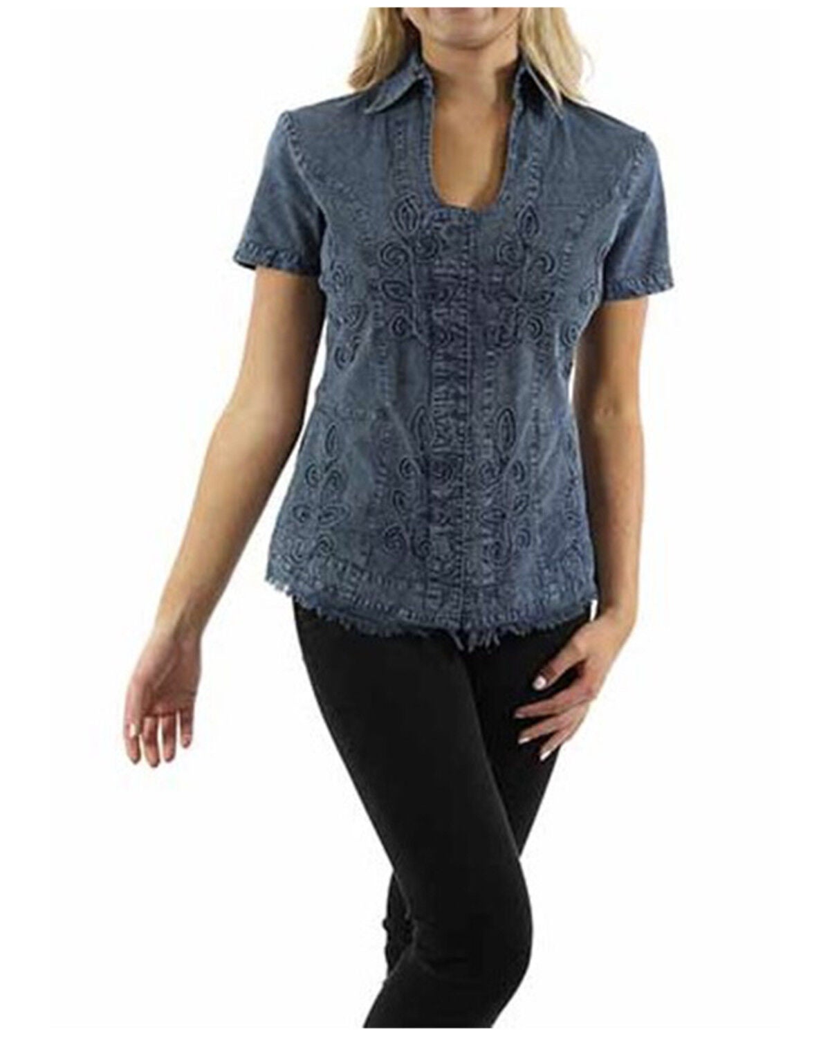 Image #1 - Scully Women's Embroidered Short Sleeve Button-Down Blouse, Dark Blue, hi-res