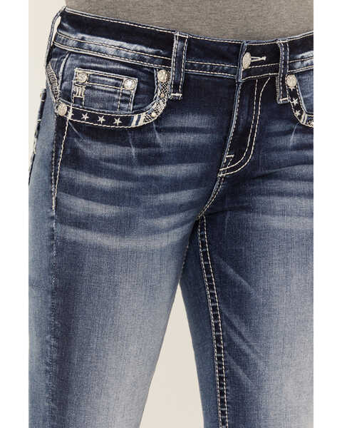 Miss Me Women's Low Rise Dark Wash Tonal Americana Border Bootcut Jeans, Dark Wash, hi-res