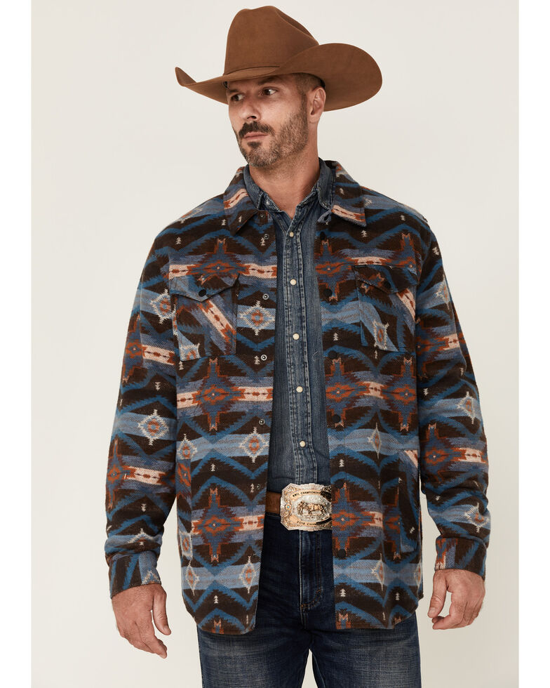 Rock & Roll Denim Men's Brown Jacquard Southwestern Print Snap-Down Shirt Jacket , Brown, hi-res