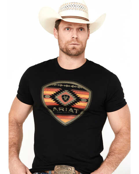 Image #1 - Ariat Men's Boot Barn Exclusive Southwestern SMU Short Sleeve Graphic T-Shirt, Black, hi-res
