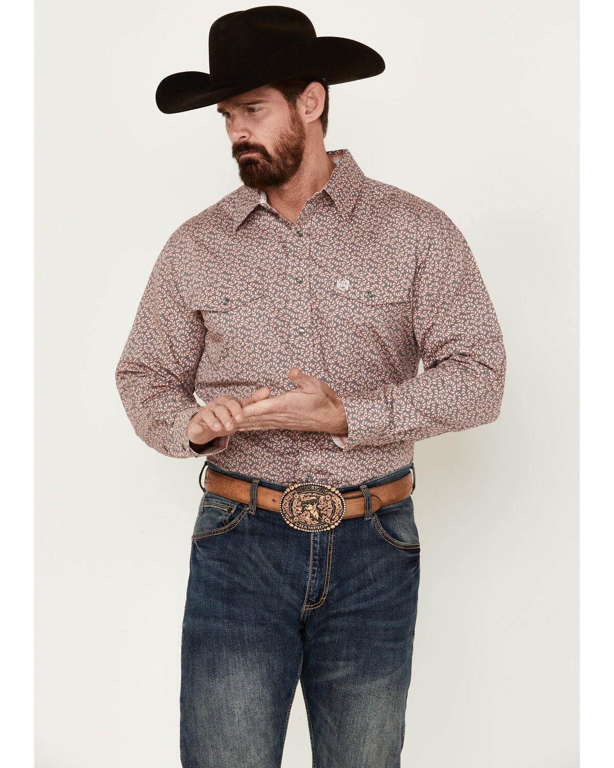 Image #1 - Panhandle Select Men's Printed Long Sleeve Pearl Snap Western Shirt, Grey, hi-res