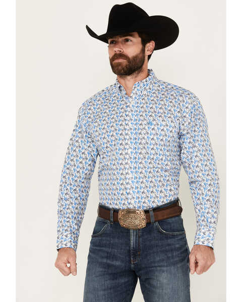 Image #1 - Ariat Men's Peerce Cowboy Print Long Sleeve Button-Down Western Shirt, White, hi-res