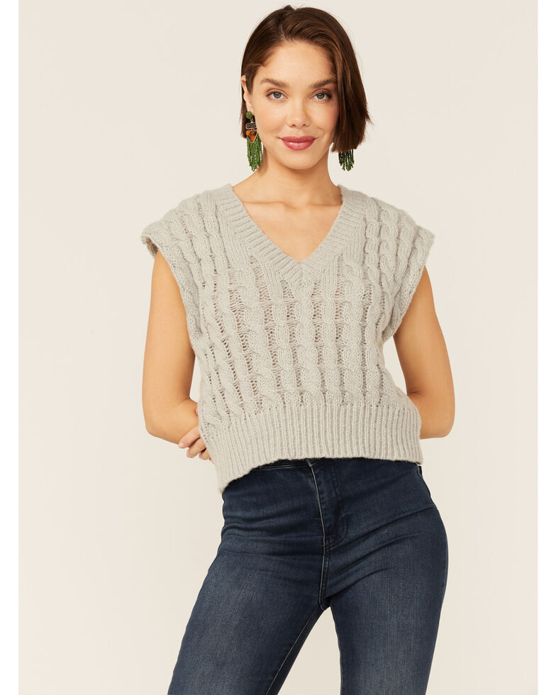 Very J Women's Heather Grey Cable Knit Cropped Sweater Vest, Heather Grey, hi-res