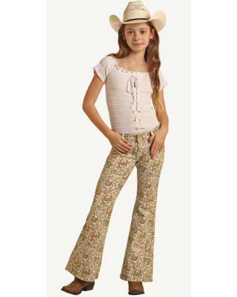 Image #1 - Rock & Roll Denim Girls' Floral Print Flare Stretch Denim Jeans , Beige, hi-res