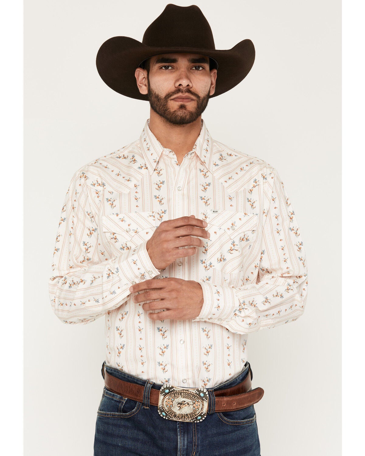 Ely Walker Men's Wallpaper Floral Print Long Sleeve Pearl Snap Western Shirt, Cream, hi-res