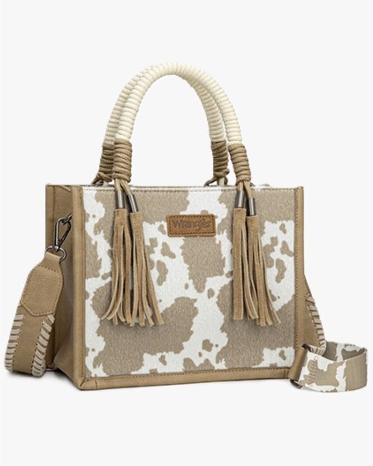 Wrangler Women's Cow Print Crossbody Tote, Khaki, hi-res
