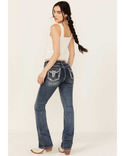 Image #1 - Grace In LA Women's Medium Wash Sequin Longhorn Pocket Mid Rise Bootcut Stretch Denim Jeans, Medium Wash, hi-res