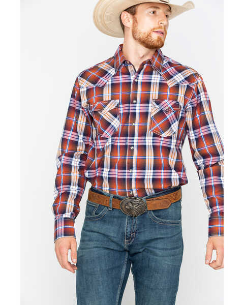 Wrangler Retro Men's Rust Plaid Long Sleeve Western Shirt , Rust Copper, hi-res