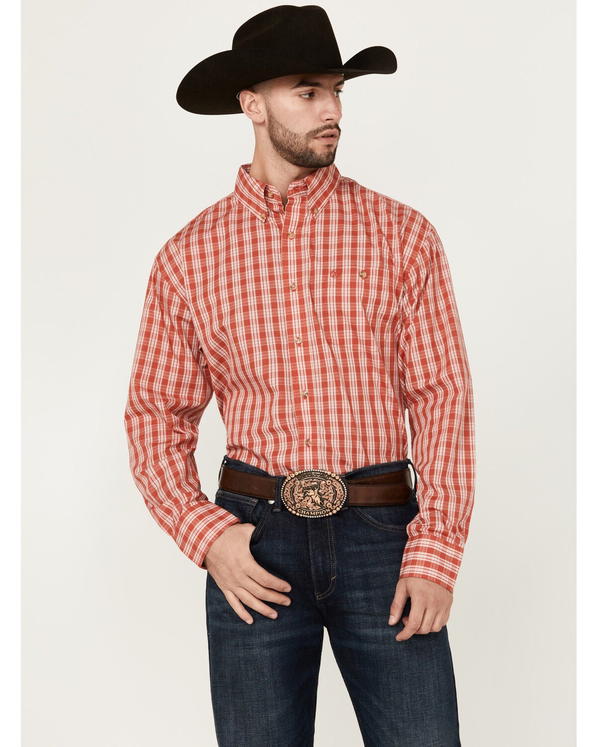 Wrangler Men's Classic Plaid Print Long Sleeve Button-Down Western Shirt, Red, hi-res