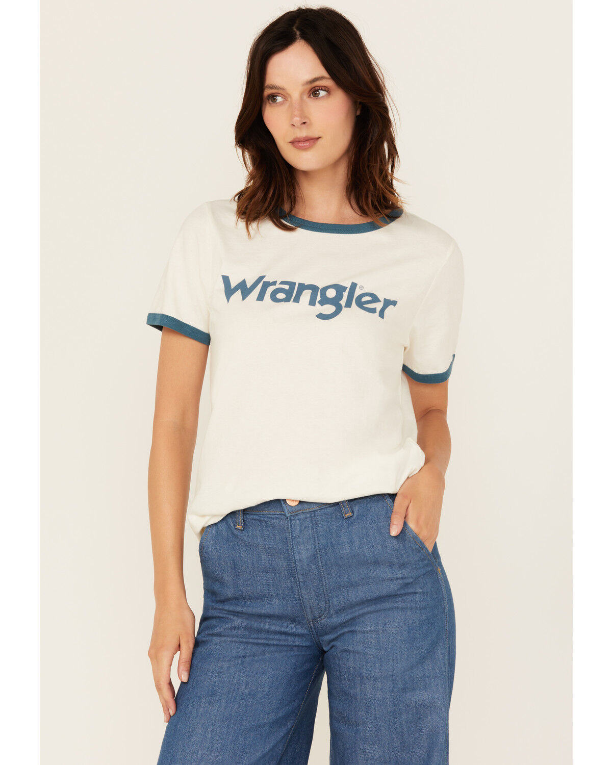 Image #1 - Wrangler Women's Logo Short Sleeve Ringer Tee, White, hi-res