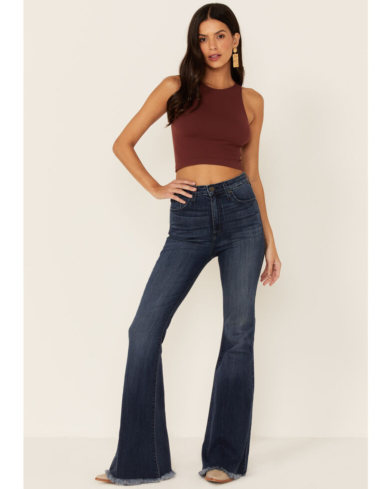 Just Black Denim Women's Dark Wash Classic Raw Hem Bell Bottom Jeans , Blue, hi-res
